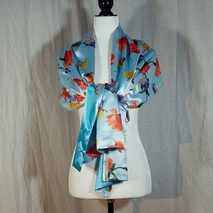 Flower Fairies pale blue satin floral print wrap, NWOT